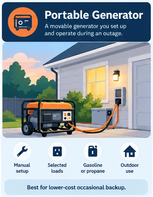 Portable Generator: a movable generator you set up and operate during an outage. Manual setup, selected loads, gasoline or propane, outdoor use. Best for lower-cost occasional backup.