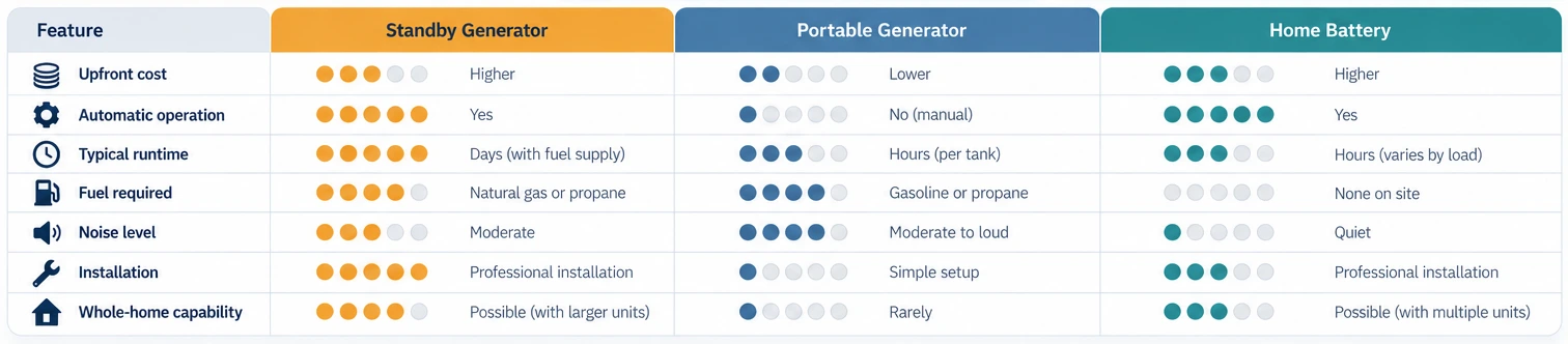 Comparison table of upfront cost, automatic operation, typical runtime, fuel required, noise level, installation and whole-home capability for standby generators, portable generators and home batteries.