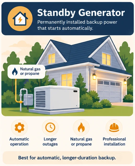 Standby Generator: permanently installed backup power that starts automatically. Automatic operation, longer outages, natural gas or propane, professional installation. Best for automatic, longer-duration backup.