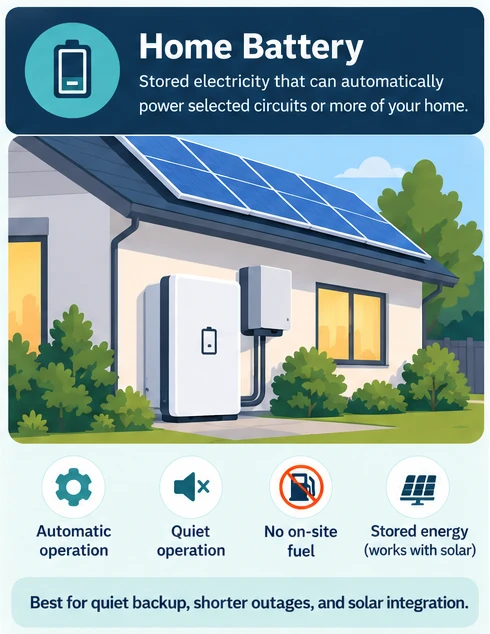 Home Battery: stored electricity that can automatically power selected circuits or more of your home. Automatic operation, quiet operation, no on-site fuel, stored energy that works with solar. Best for quiet backup, shorter outages, and solar integration.